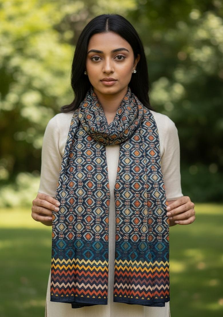 Turquoise Blue Printed Silk Dupatta - Indya