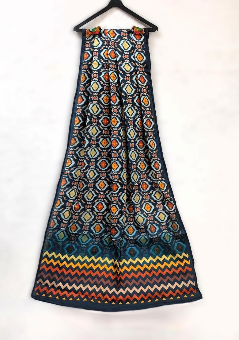 Turquoise Blue Printed Silk Dupatta - Indya