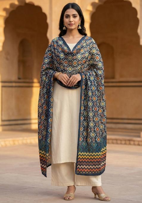 Turquoise Blue Printed Silk Dupatta