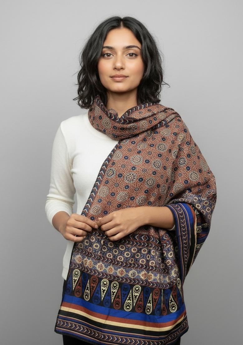 Brown Printed Silk Dupatta - Indya