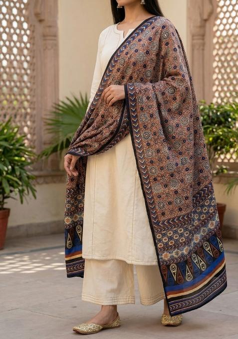 Brown Printed Silk Dupatta