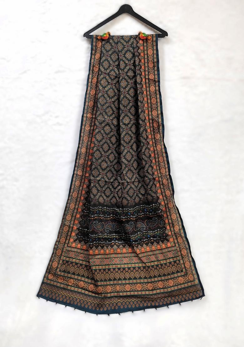 Black Printed Silk Dupatta - Indya