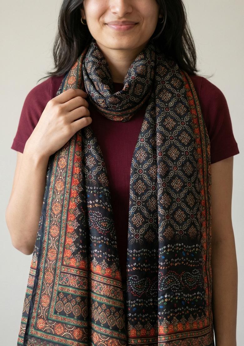 Black Printed Silk Dupatta - Indya