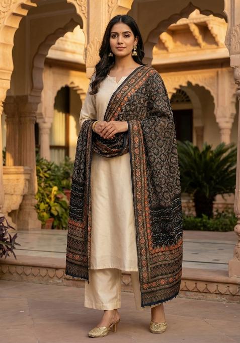 Black Printed Silk Dupatta