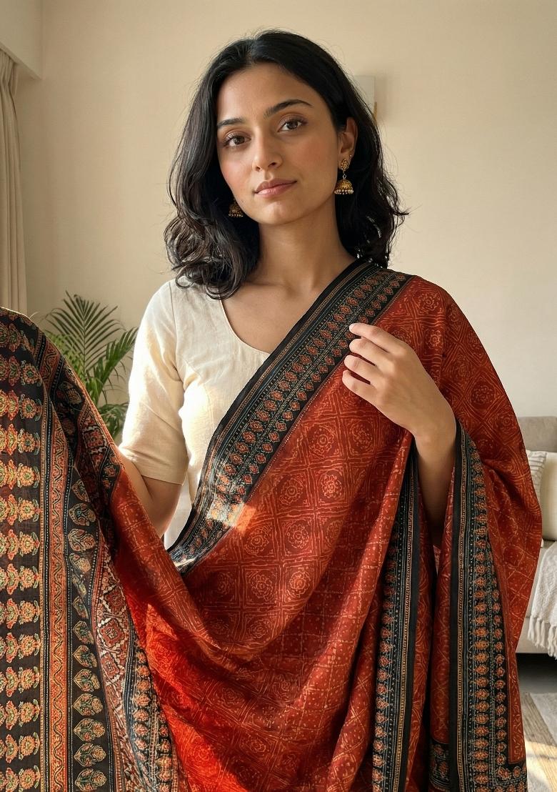 Red Printed Silk Dupatta - Indya