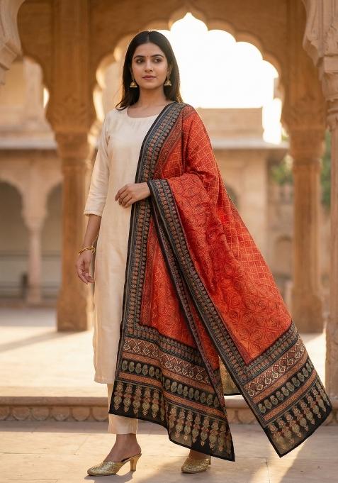 Red Printed Silk Dupatta