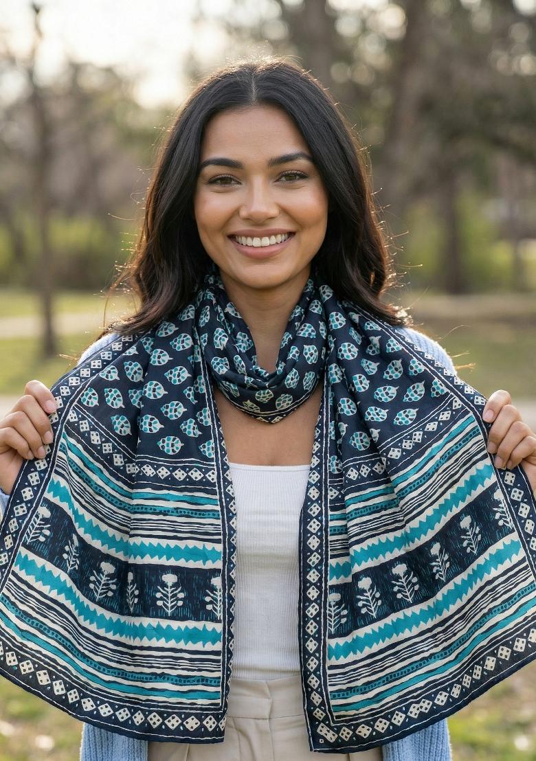 Blue Printed Silk Dupatta - Indya