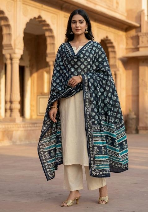 Blue Printed Silk Dupatta