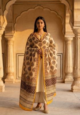 Cream Printed Silk Dupatta