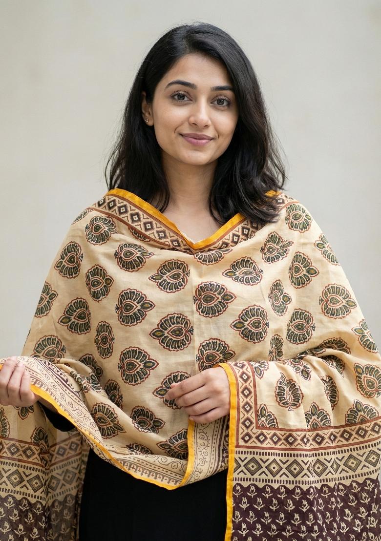 Cream Printed Silk Dupatta - Indya