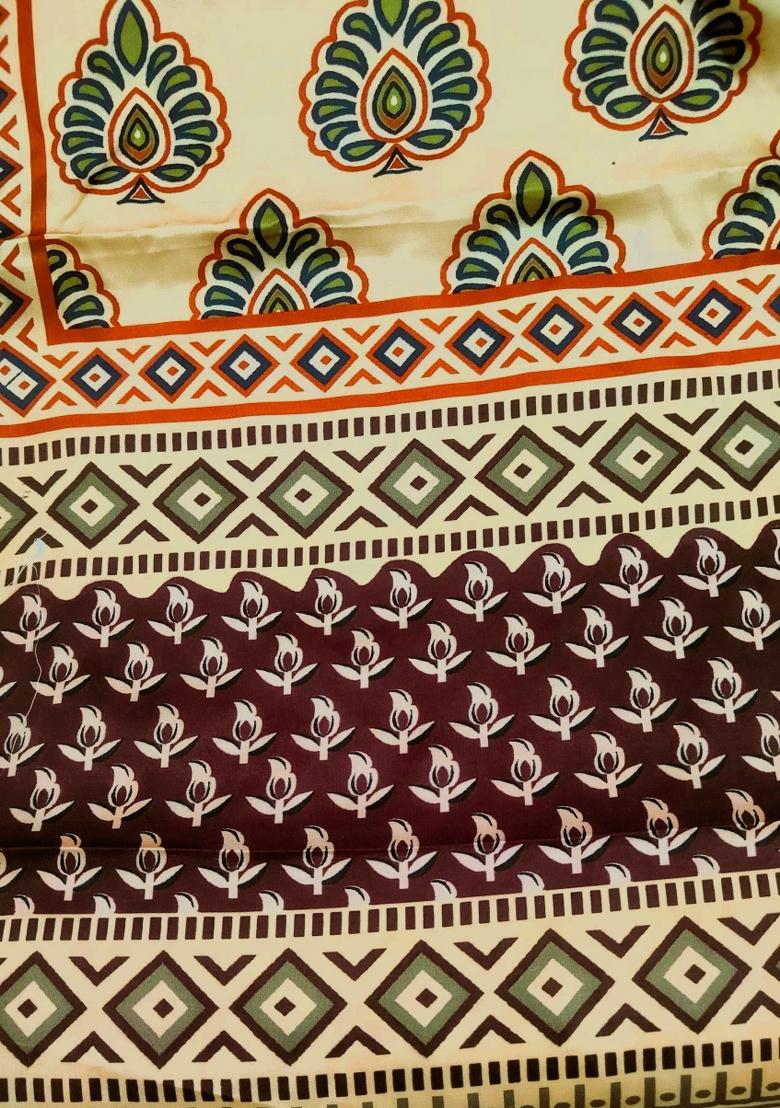 Cream Printed Silk Dupatta - Indya
