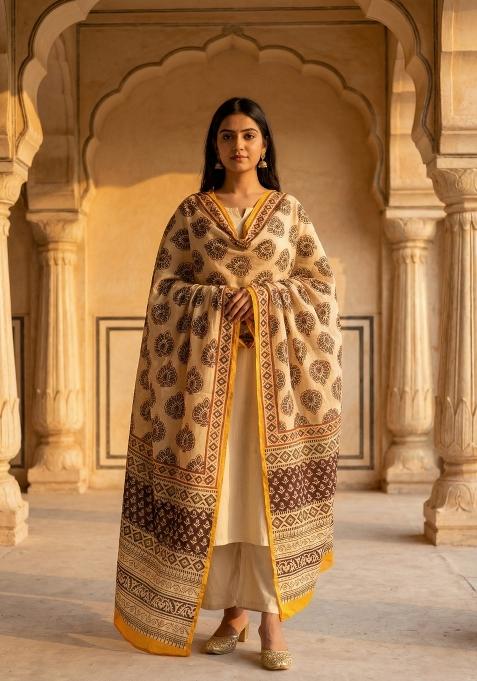 Cream Printed Silk Dupatta