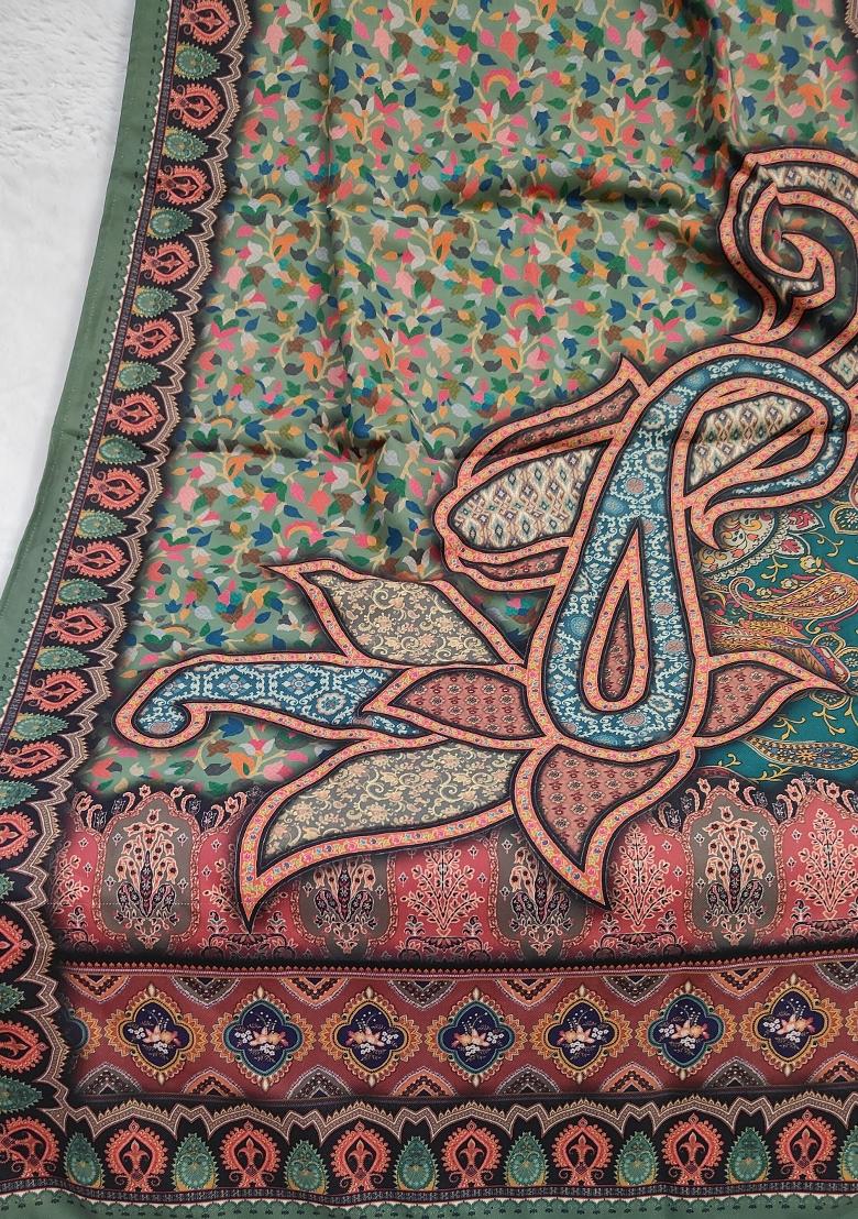 Green Printed Silk Dupatta - Indya