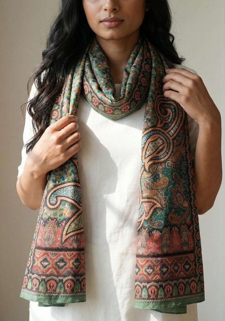 Green Printed Silk Dupatta - Indya