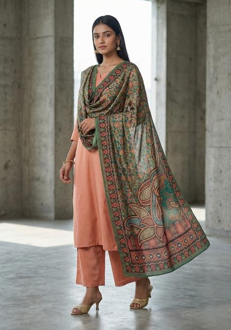 Green Printed Silk Dupatta