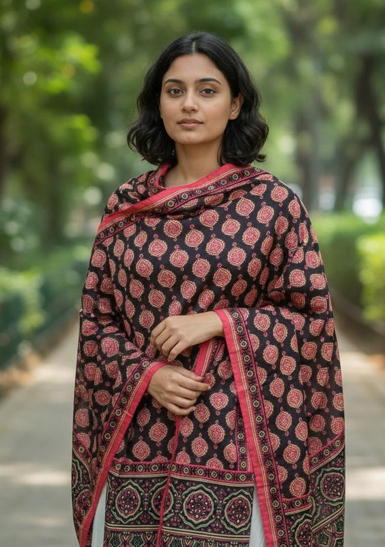 Pink Printed Silk Dupatta - Indya