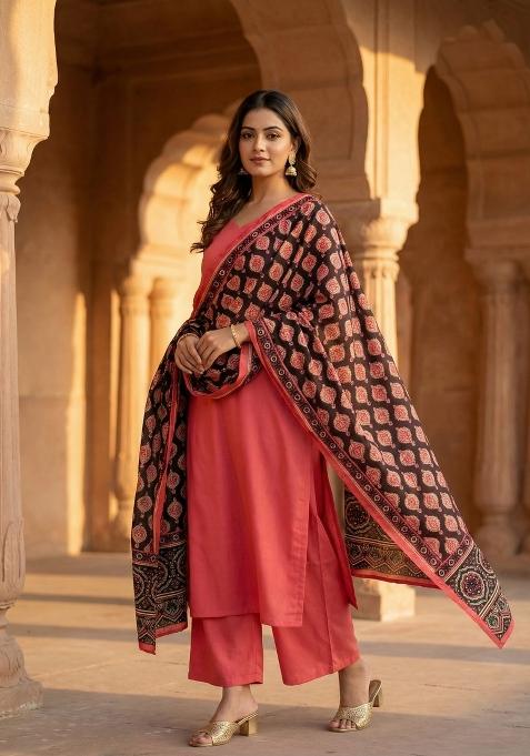 Pink Printed Silk Dupatta