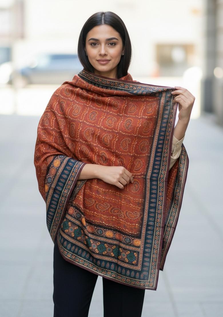 Maroon Printed Silk Dupatta - Indya