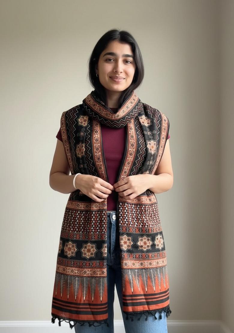 Black Printed Silk Dupatta - Indya
