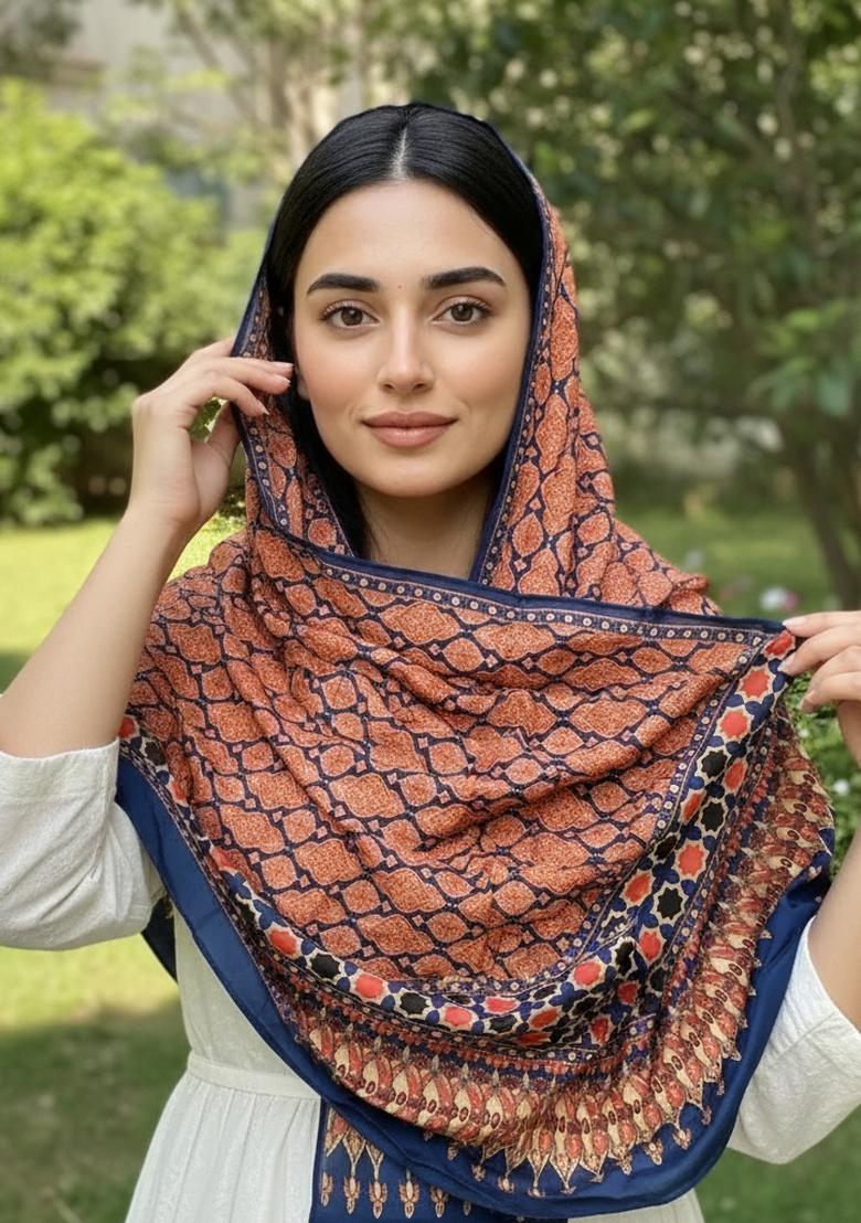 Orange Printed Silk Dupatta - Indya