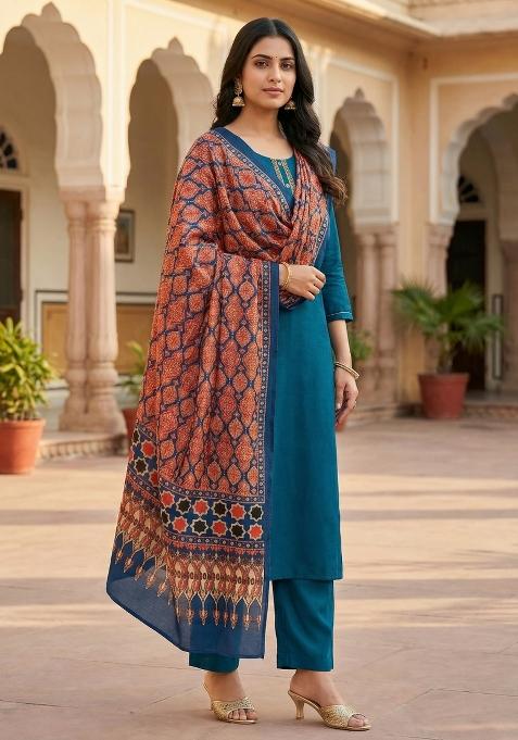 Orange Printed Silk Dupatta