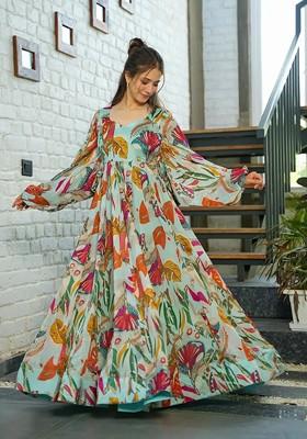 Multicolour Printed Heavy Airtex Chinon Gown Dress