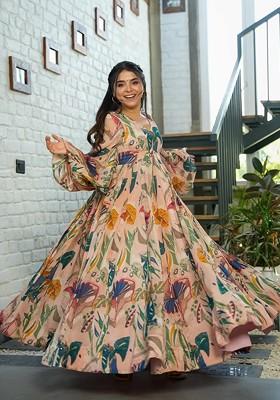 Multicolour Printed Heavy Airtex Chinon Gown Dress