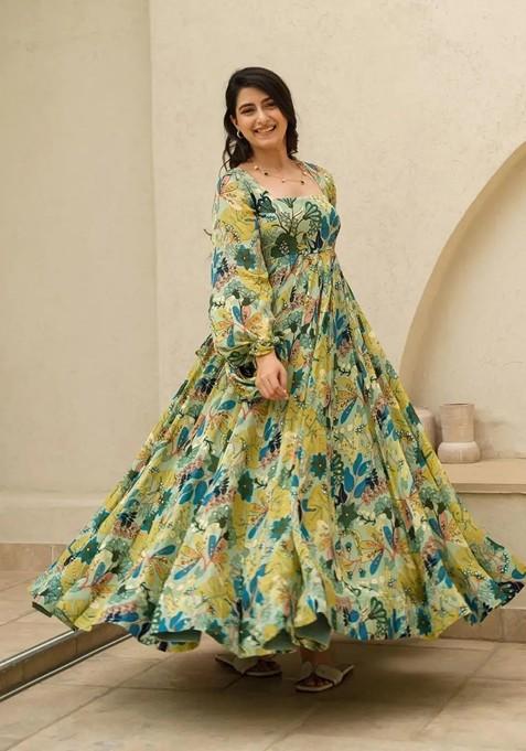 Multicolour Printed Heavy Airtex Chinon Gown Dress