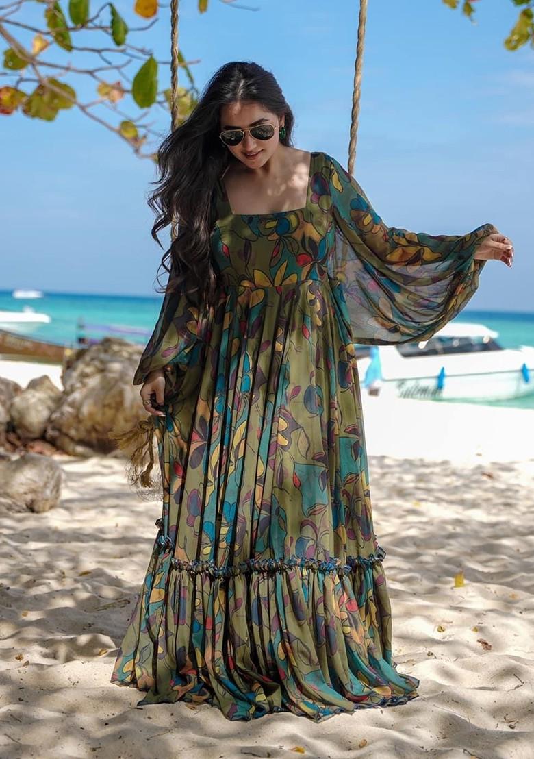 Multicolour Printed Heavy Georgette Gown Dress