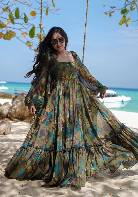 Multicolour Printed Heavy Georgette Gown Dress