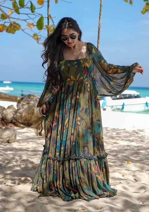 Multicolour Printed Heavy Georgette Gown Dress