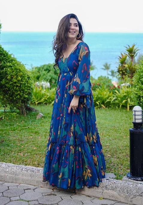 Blue Printed Heavy Georgette Gown Dress