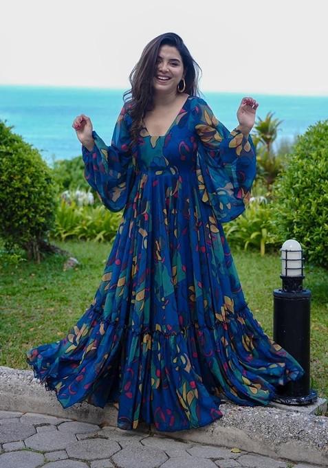 Blue Printed Heavy Georgette Gown Dress