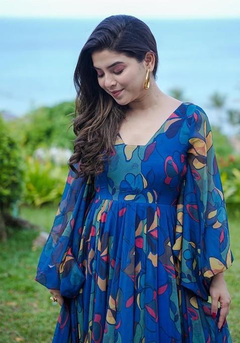 Blue Printed Heavy Georgette Gown Dress