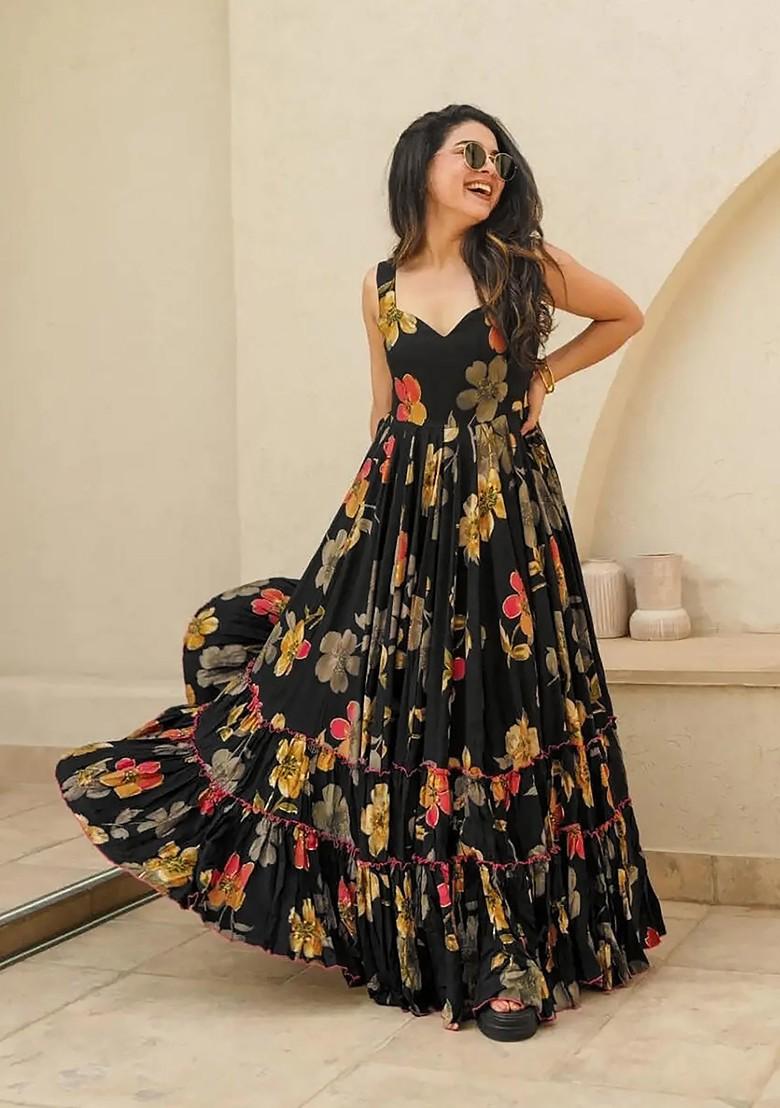 Black Printed Heavy Rayon Gown Dress