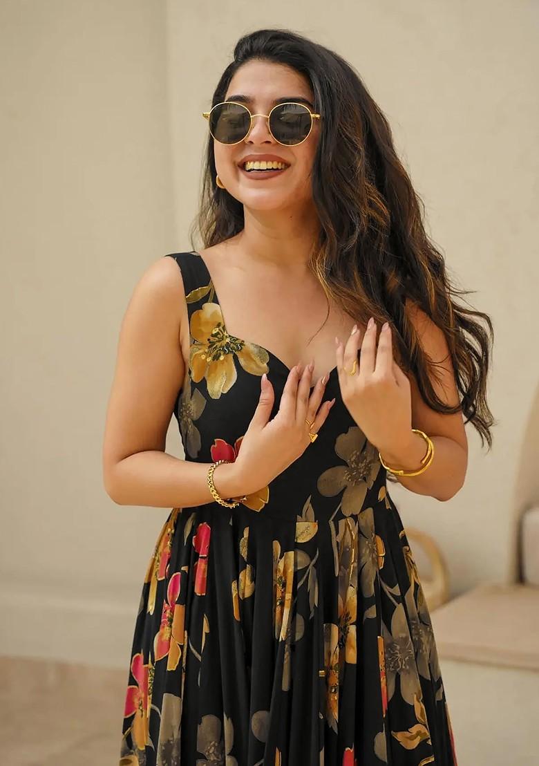 Black Printed Heavy Rayon Gown Dress