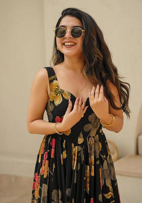 Black Printed Heavy Rayon Gown Dress