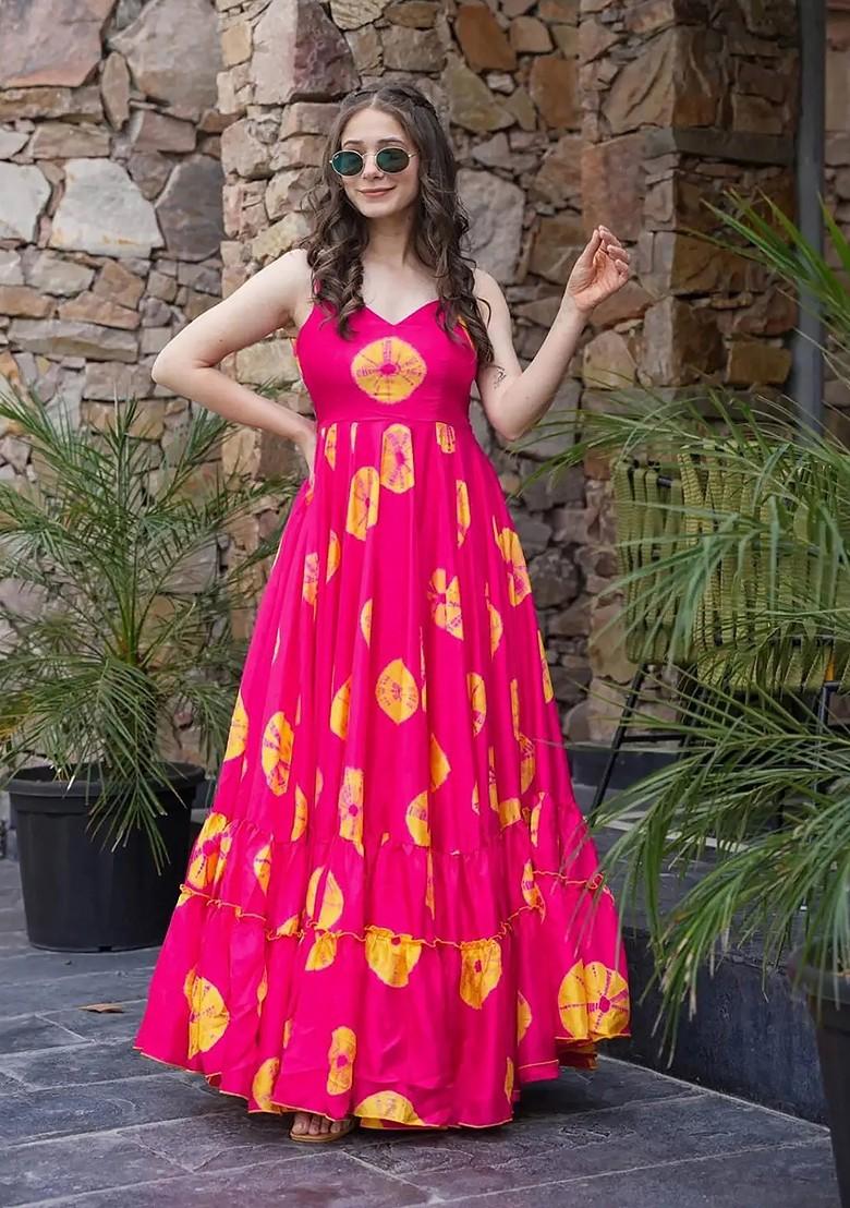 Pink Printed Heavy Rayon Gown Dress