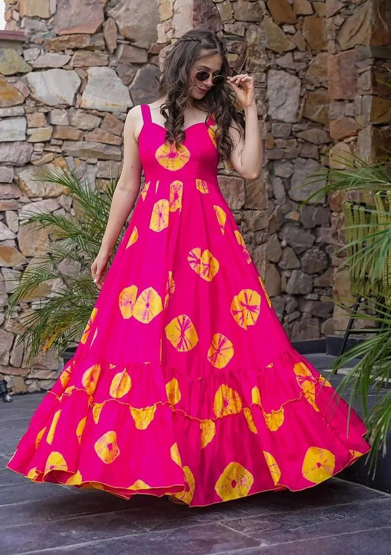 Pink Printed Heavy Rayon Gown Dress