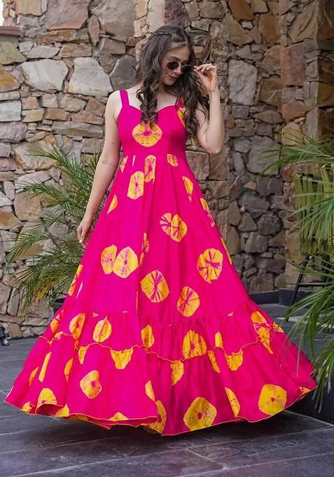 Pink Printed Heavy Rayon Gown Dress