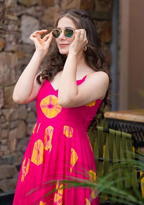 Pink Printed Heavy Rayon Gown Dress