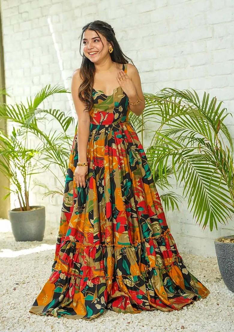 Multicolour Printed Heavy Rayon Gown Dress