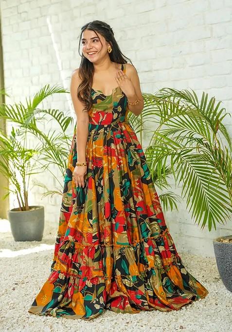 Multicolour Printed Heavy Rayon Gown Dress