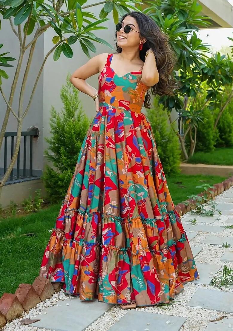 Multicolour Printed Heavy Rayon Gown Dress