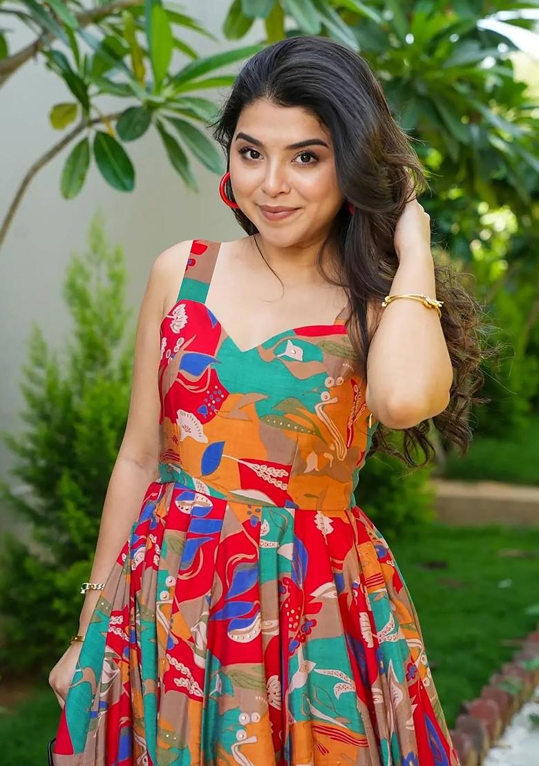 Multicolour Printed Heavy Rayon Gown Dress