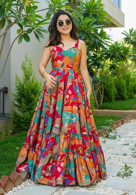 Multicolour Printed Heavy Rayon Gown Dress