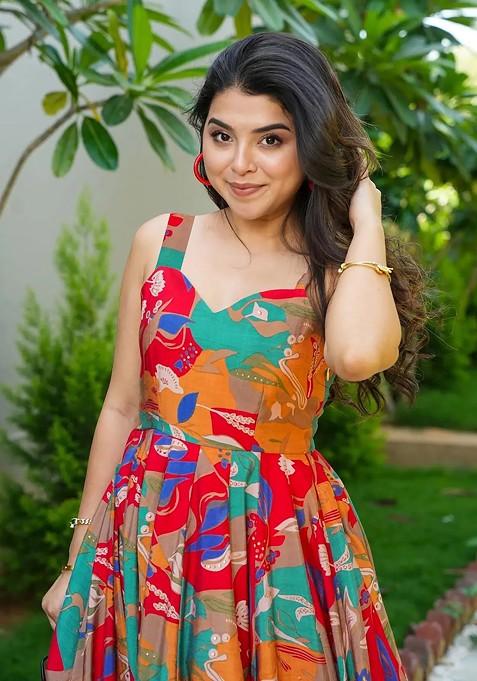 Multicolour Printed Heavy Rayon Gown Dress