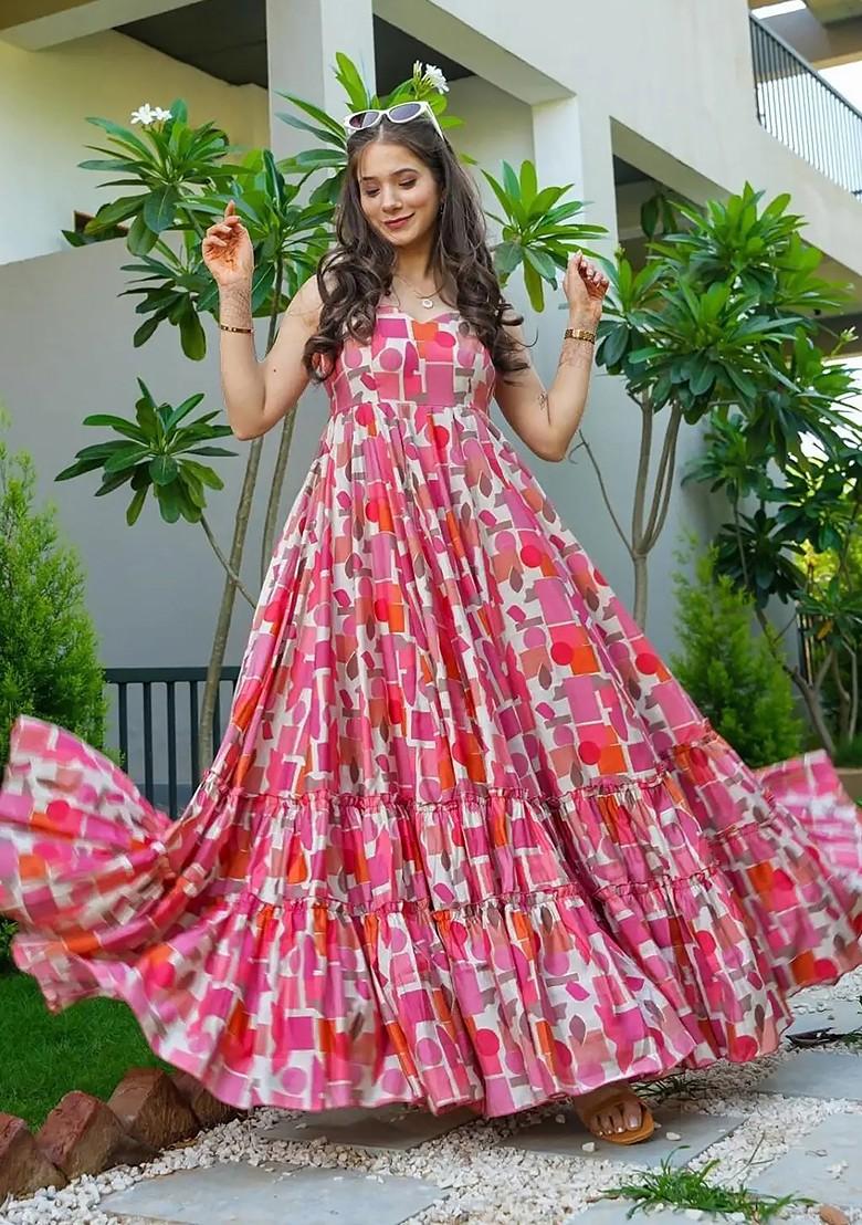 Baby Pink Printed Heavy Rayon Gown Dress