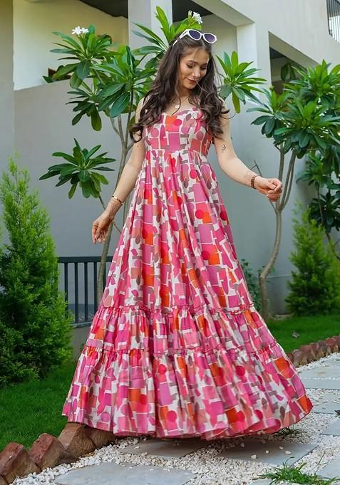 Baby Pink Printed Heavy Rayon Gown Dress