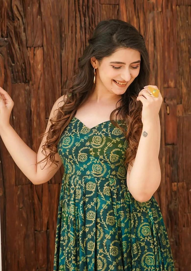 Green Printed Heavy Rayon Gown Dress